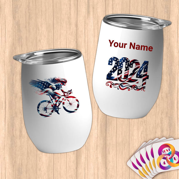 Physical Item 12 oz / White American Flag Cyclist~Limited Edition 2024 "USA Excellence" ~ Customizable 12oz Wine Tumbler with Lid