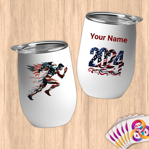 Physical Item 12 oz / White Flag Running Eagle~Limited Edition 2024 "USA Excellence" ~ Customizable 12oz Wine Tumbler with Lid