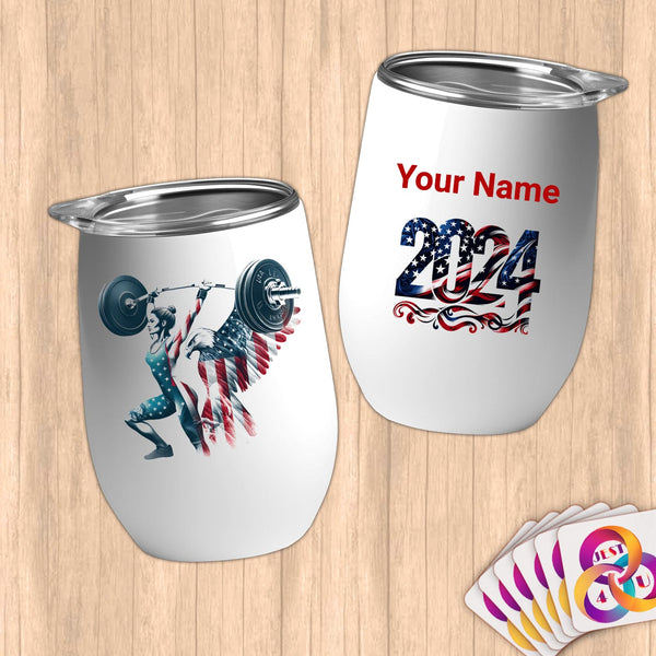 Physical Item 12 oz / White Strong American Powerlifter ~Limited Edition 2024 "USA Excellence" ~ Customizable 12oz Wine Tumbler with Lid