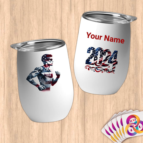 Physical Item 12 oz / White Triathlete Steam~Limited Edition 2024 "USA Excellence" ~ Customizable 12oz Wine Tumbler with Lid
