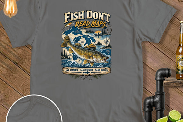 Gray t-shirt with a walleye, Great Lakes map, and text "Fish Don't Read Maps."