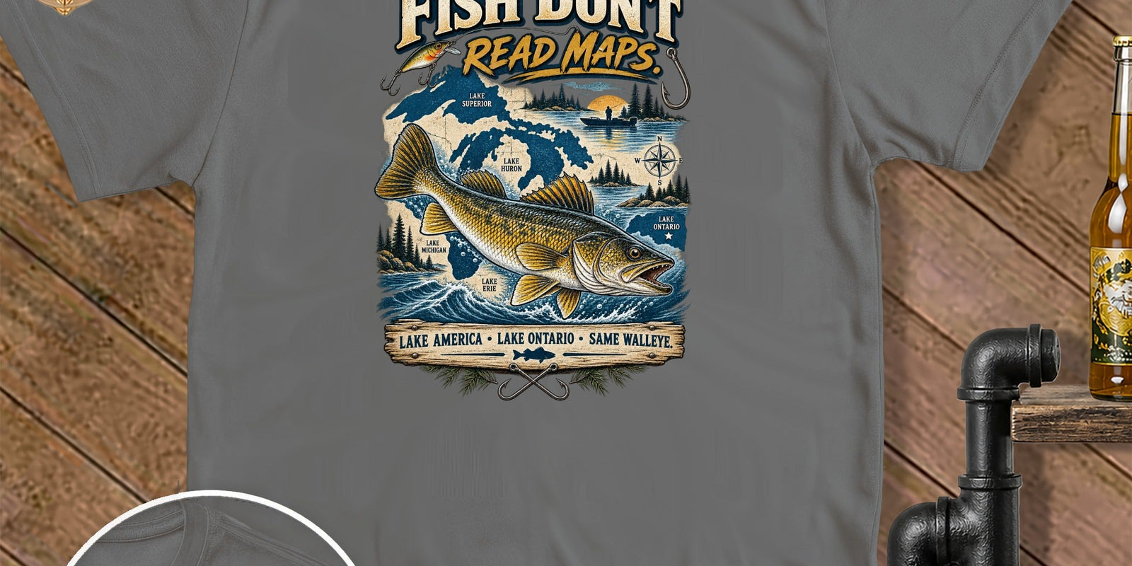 Gray t-shirt with a walleye, Great Lakes map, and text "Fish Don't Read Maps."