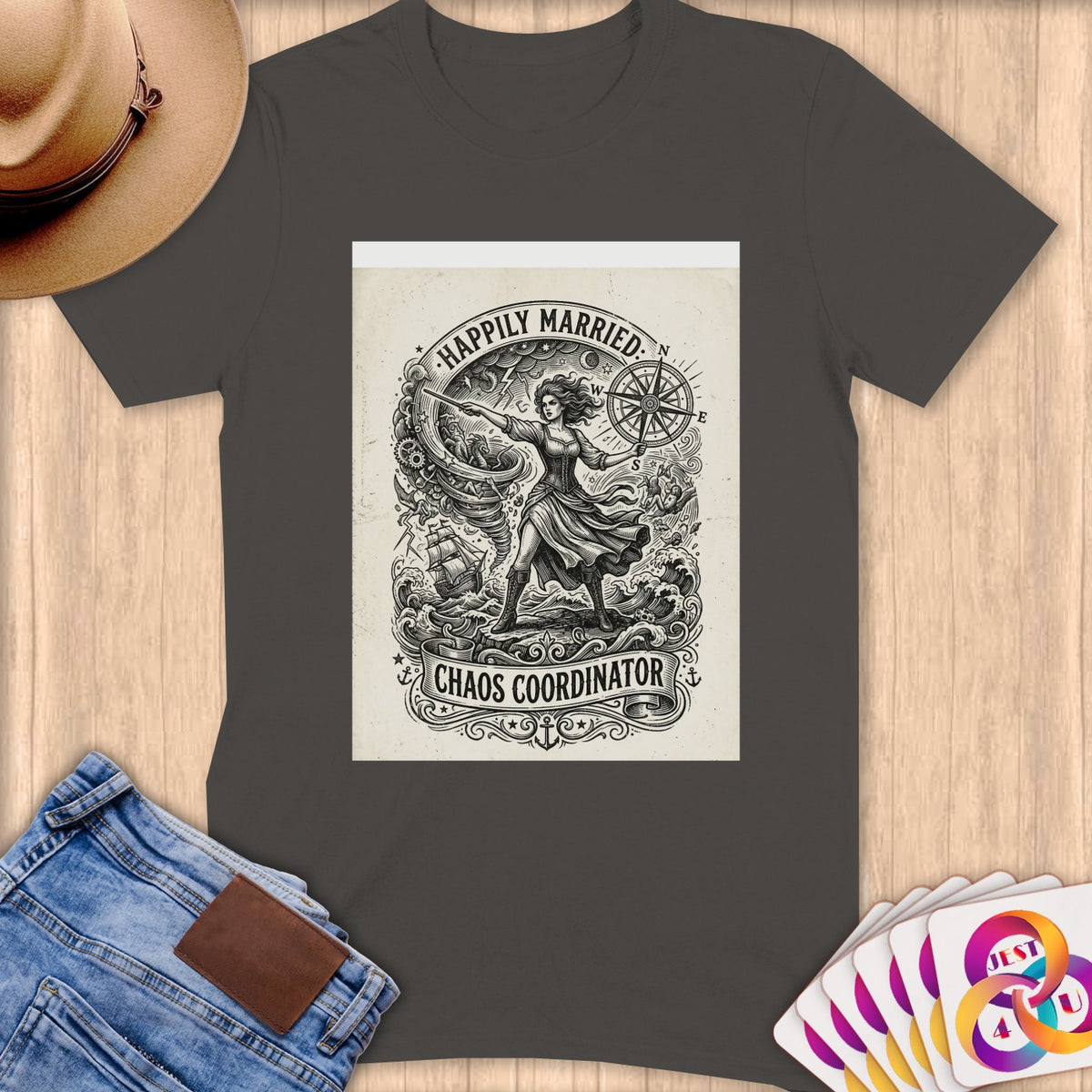 "Happily Married: Chaos Coordinator" graphic with a woman, ship, and compass on a t-shirt.