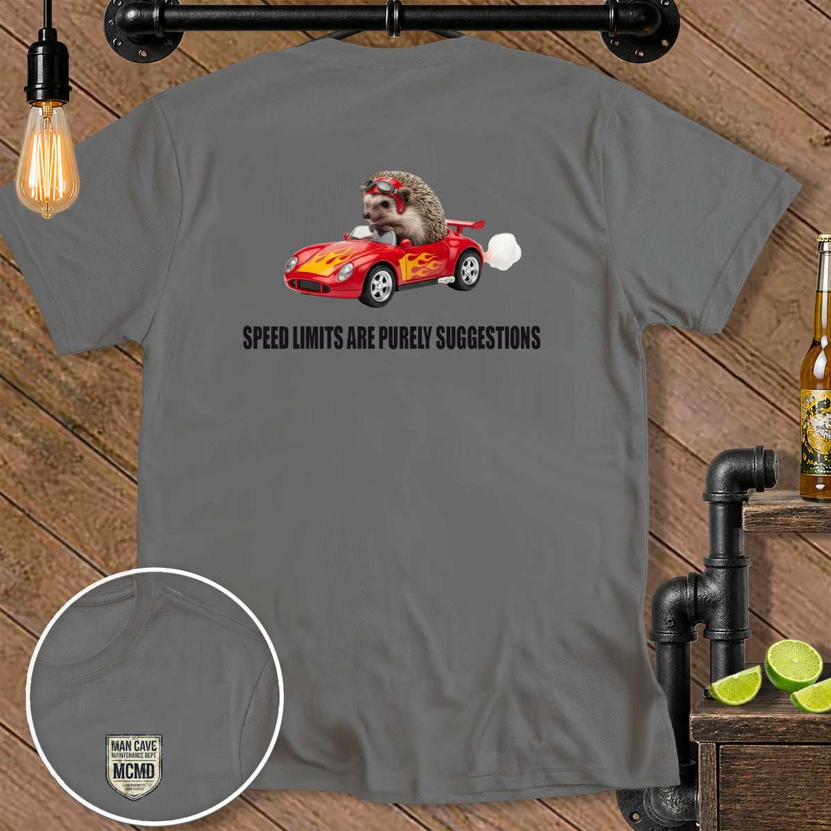 Gray t-shirt with a hedgehog driving a red convertible and the text "Speed Limits Are Purely Suggestions".