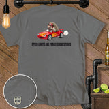 Gray t-shirt with a hedgehog driving a red convertible and the text 