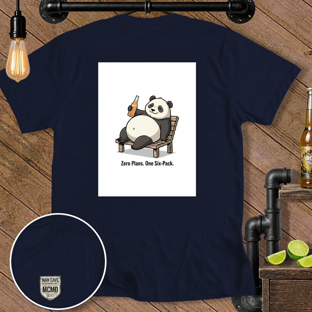 T-shirt with illustration of panda drinking from beer bottle and text "Zero Plans. One Six-Pack."