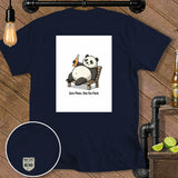 T-shirt with illustration of panda drinking from beer bottle and text 