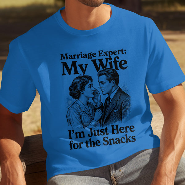 Blue t-shirt with vintage couple illustration and text "Marriage Expert: My Wife I'm Just Here for the Snacks".