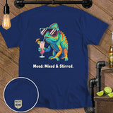 Navy t-shirt with a colorful chameleon wearing sunglasses, drinking a pink cocktail, and the text 