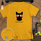 Yellow t-shirt with black cat wearing sunglasses and 
