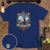 Navy t-shirt with nautical graphic of a buoy, USA, and Canada flags, and anchor.