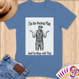 T-shirt with drawing of a man shrugging, text 