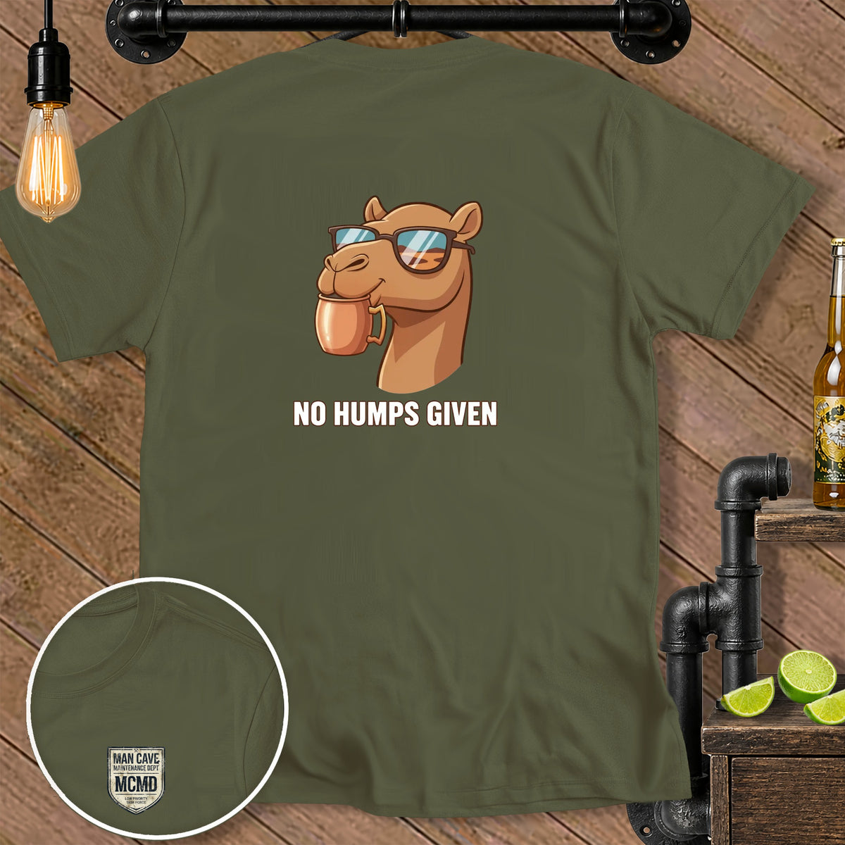 Olive t-shirt with camel graphic and "NO HUMPS GIVEN" text.
