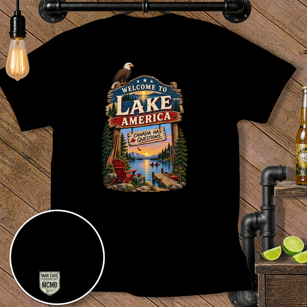 Black t-shirt graphic: Welcome to Lake America, Canada has questions.