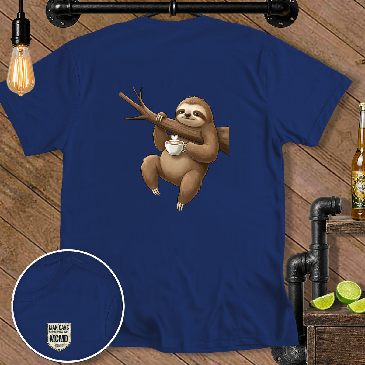 Navy t-shirt with a sloth hanging from a branch holding a coffee cup.