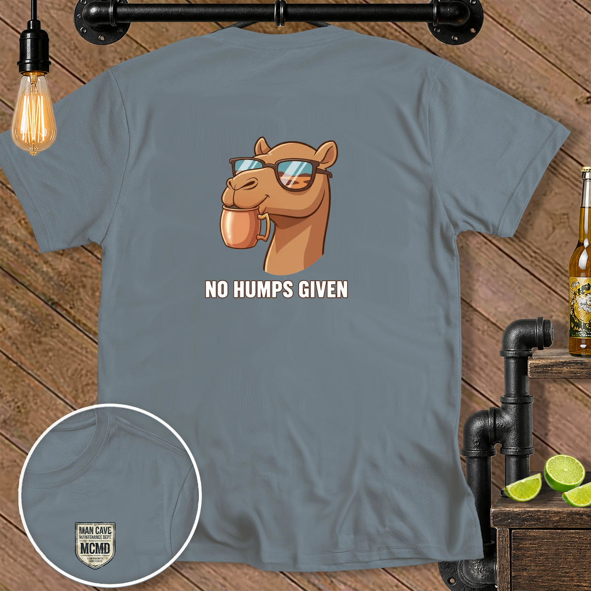T-shirt with cartoon camel wearing sunglasses holding coffee mug, text "NO HUMPS GIVEN".