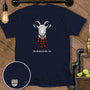 Navy t-shirt with a goat wearing a plaid scarf and text "Bleat Me Baby One More Time."