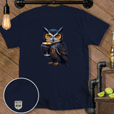 Detailed illustration of an owl wearing a monocle and holding a martini glass.