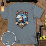 T-shirt with a nautical design featuring a buoy, US and Canadian flags, and text 