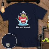 Frog with cocktail and sunglasses in water splash, text 