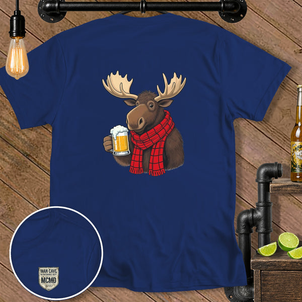Moose wearing scarf holding beer mug, with embroidered "MAN CAVE MAINTENANCE DEPT MCMD" logo.