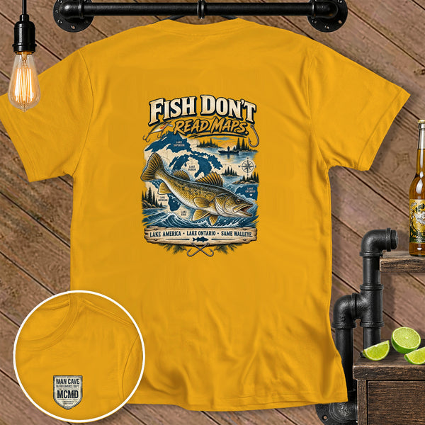 Yellow t-shirt with graphic of walleye, map of Great Lakes, and text "Fish Don't Read Maps."