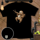 Black t-shirt with a sloth hanging from a branch holding a coffee cup.
