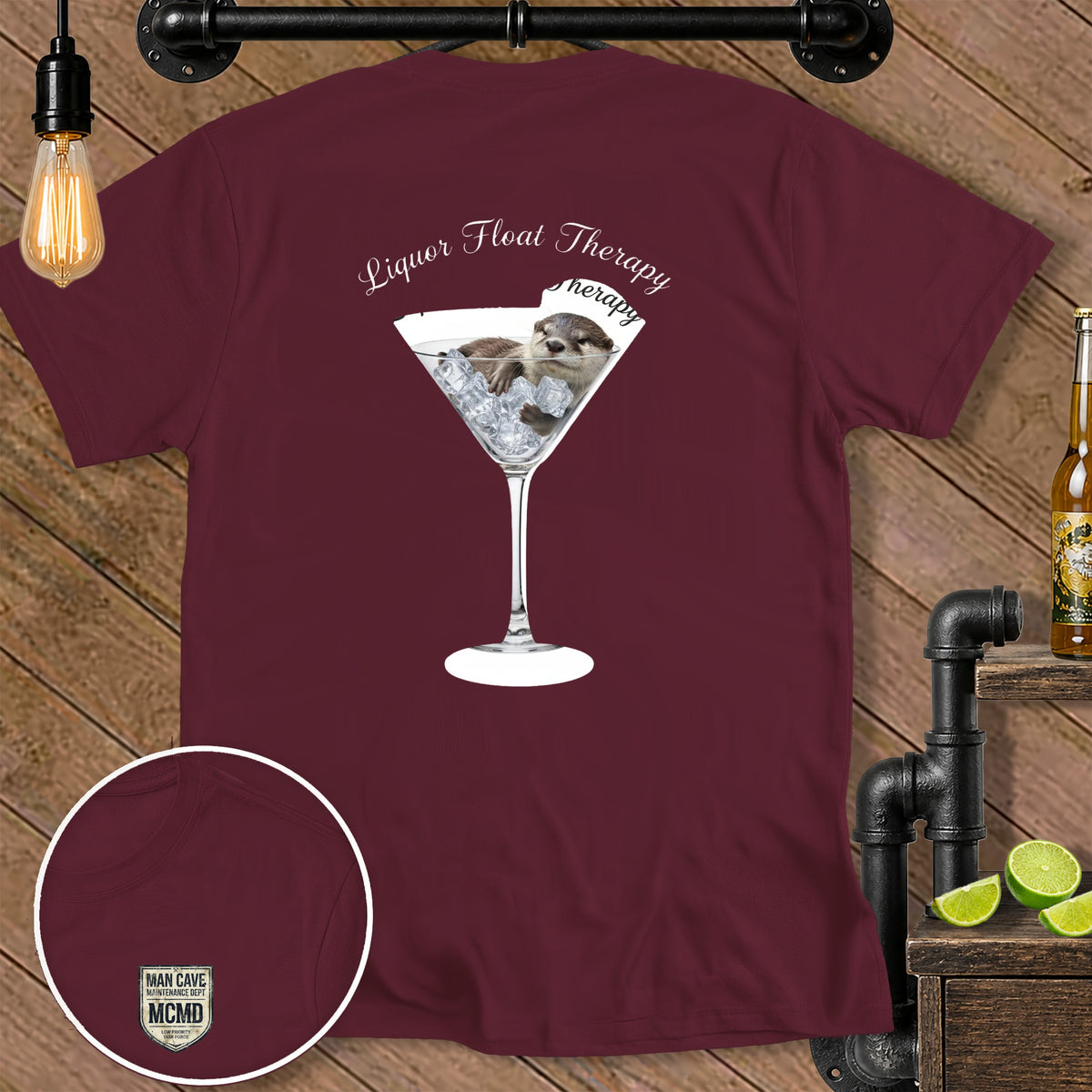 Maroon t-shirt with a martini glass containing an otter and ice, and "Liquor Float Therapy" text.