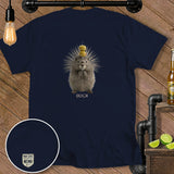 Navy t-shirt with porcupine holding a needle with olives, text 