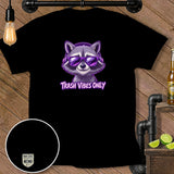 Black t-shirt with a cartoon raccoon wearing headphones and sunglasses.