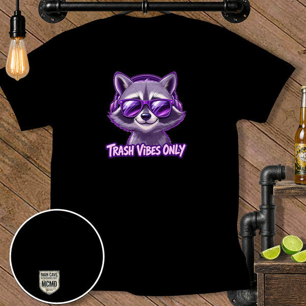 Black t-shirt with a cartoon raccoon wearing headphones and sunglasses.