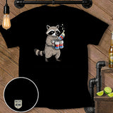 Cartoon raccoon holding three red, white, and blue cans with foam.