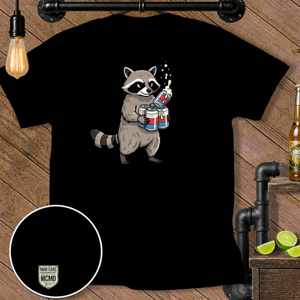 Cartoon raccoon holding three red, white, and blue cans with foam.