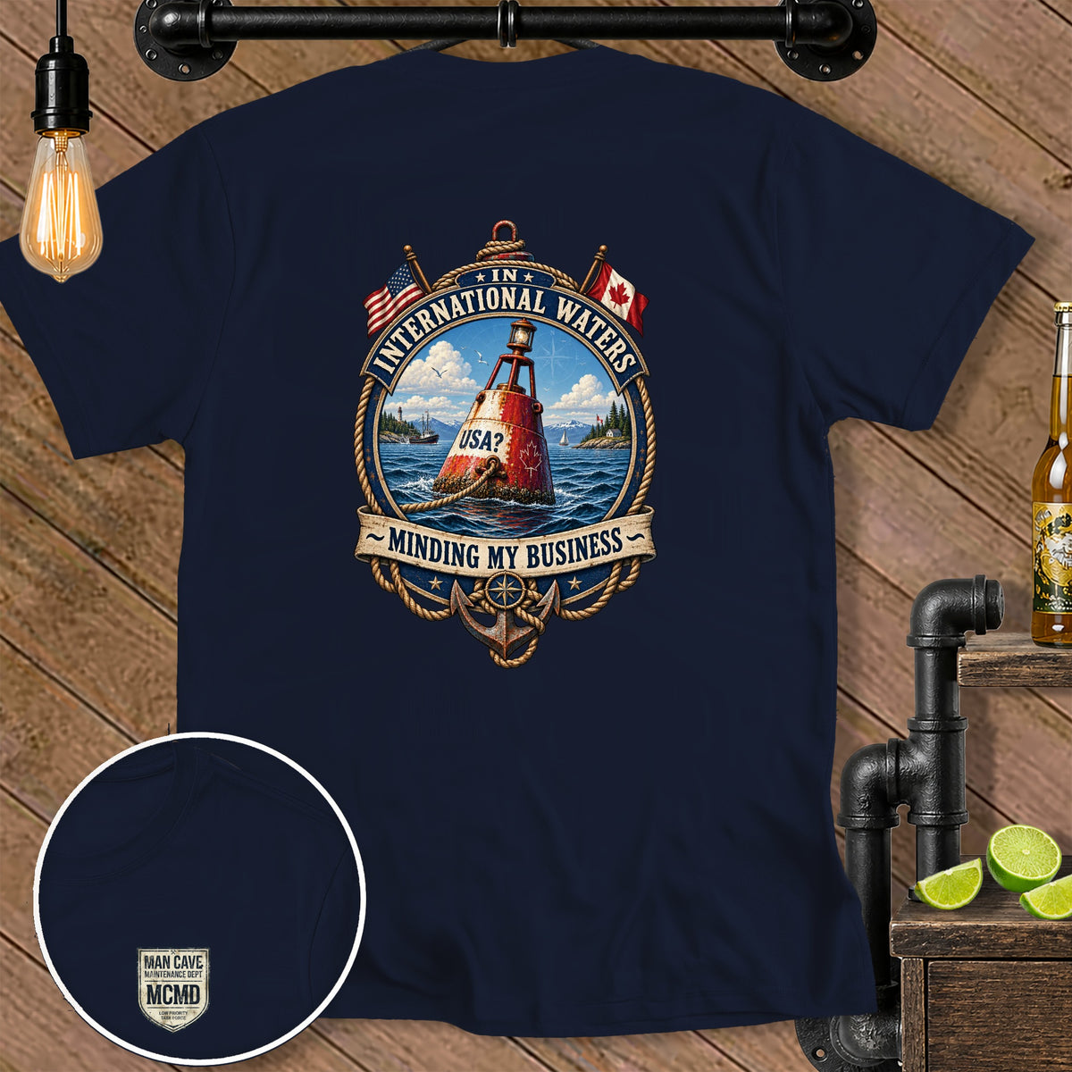 Navy t-shirt with "International Waters Minding My Business" graphic.