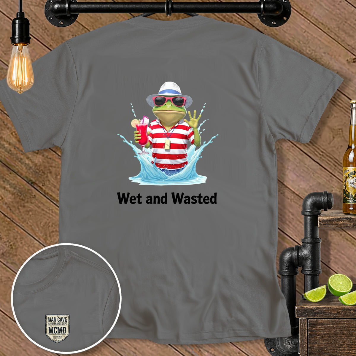 Frog wearing sunglasses and hat holds drink, splashing, with "Wet and Wasted" text.