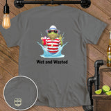 Frog wearing sunglasses and hat holds drink, splashing, with 