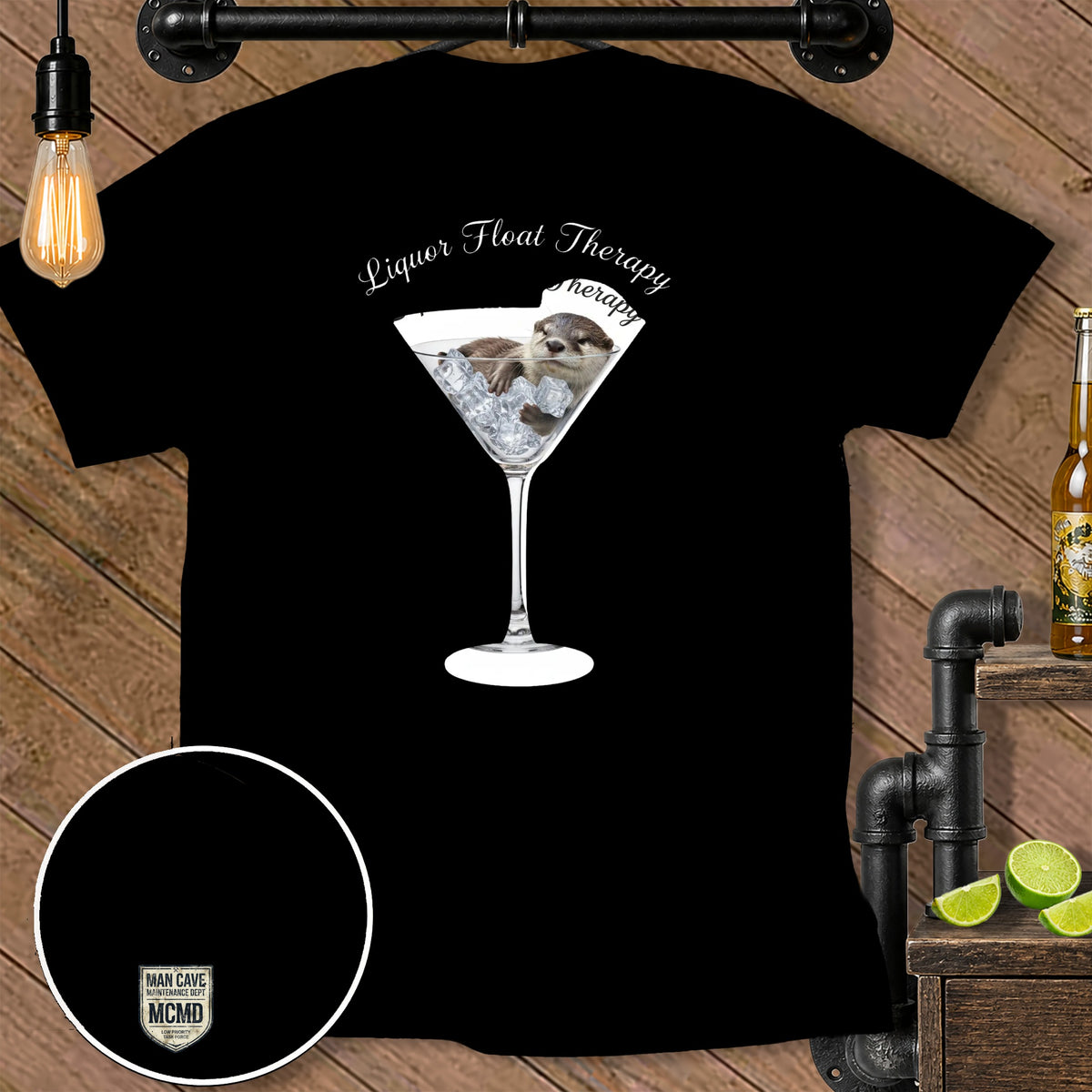 Black t-shirt with an otter in a martini glass and text "Liquor Float Therapy".