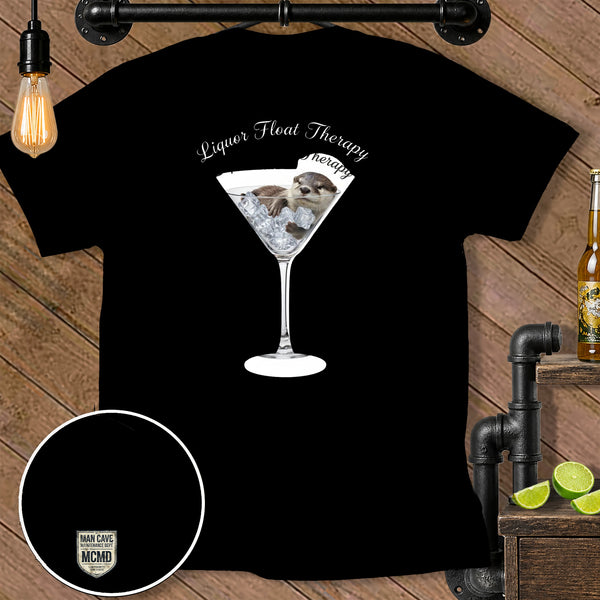 Black t-shirt with an otter in a martini glass and text "Liquor Float Therapy".