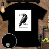 Black t-shirt with a crow holding a key, text 
