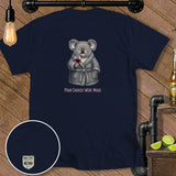 Navy t-shirt with a cartoon koala wearing a robe and holding wine, with text 