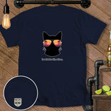 Navy t-shirt with a black cat wearing sunglasses and text 