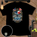 Black t-shirt featuring Lake America Ontario emblem with US and Canadian flags and waves.