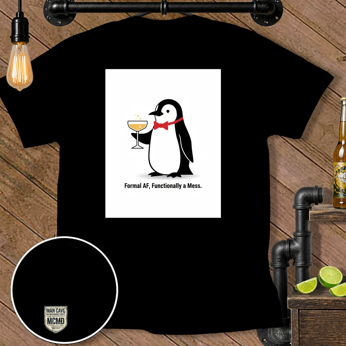 Black t-shirt with penguin holding champagne and text "Formal AF, Functionally a Mess."