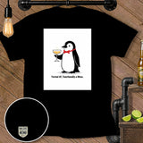 Black t-shirt with penguin holding champagne and text 