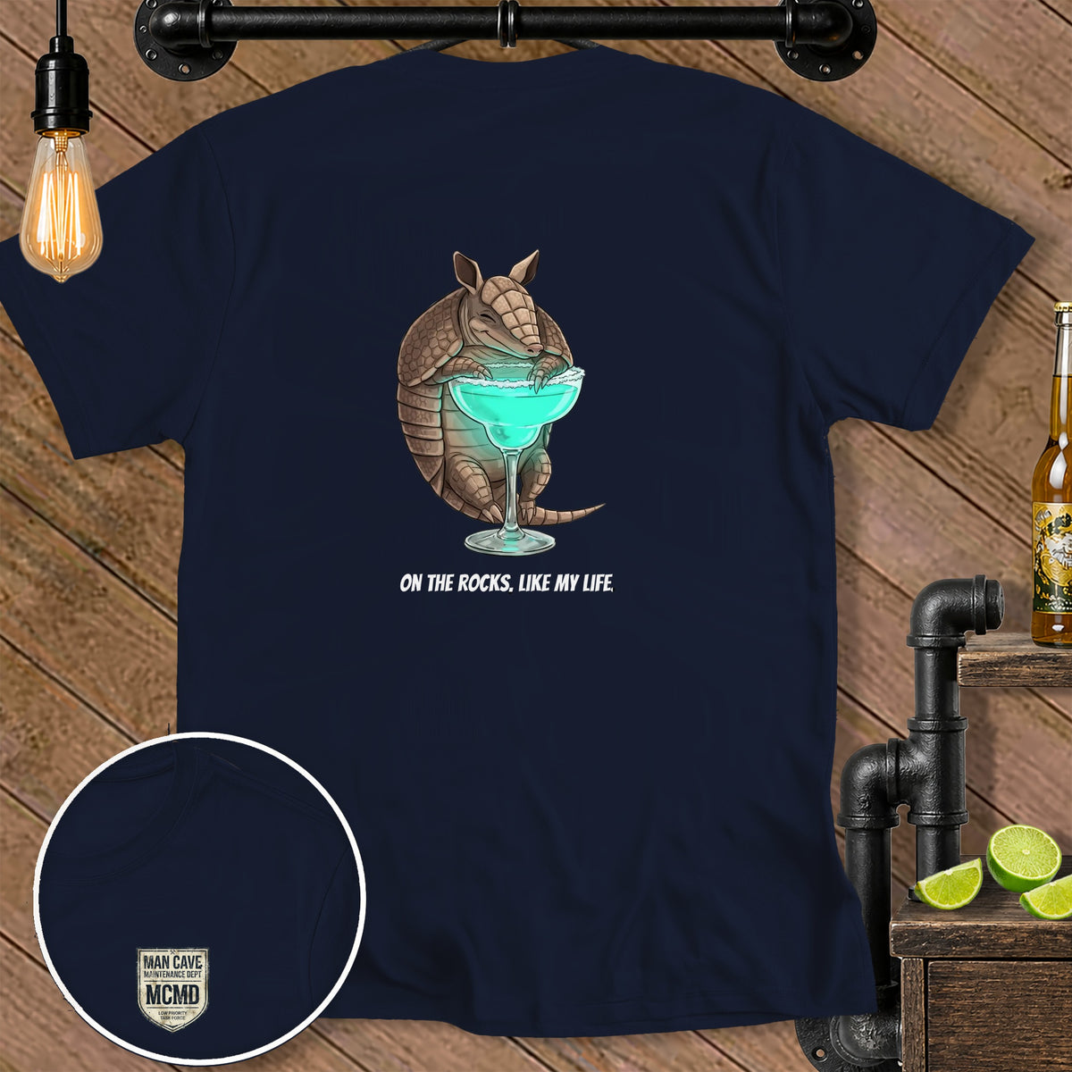 Navy t-shirt with armadillo holding a margarita and text "ON THE ROCKS, LIKE MY LIFE."