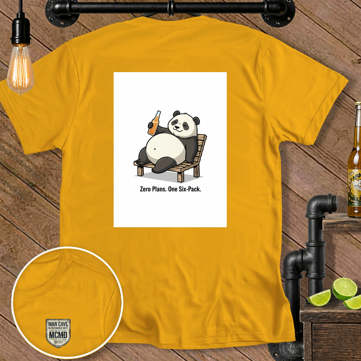 Yellow t-shirt with panda holding beer and text "Zero Plans. One Six-Pack."