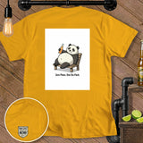 Yellow t-shirt with panda holding beer and text 
