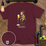 Maroon t-shirt with a goat holding a beer and text reading 