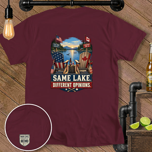 Maroon t-shirt with "Same Lake. Different Opinions." text and US/Canada lake graphic.