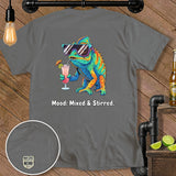 Gray t-shirt with a chameleon drinking a cocktail and text 